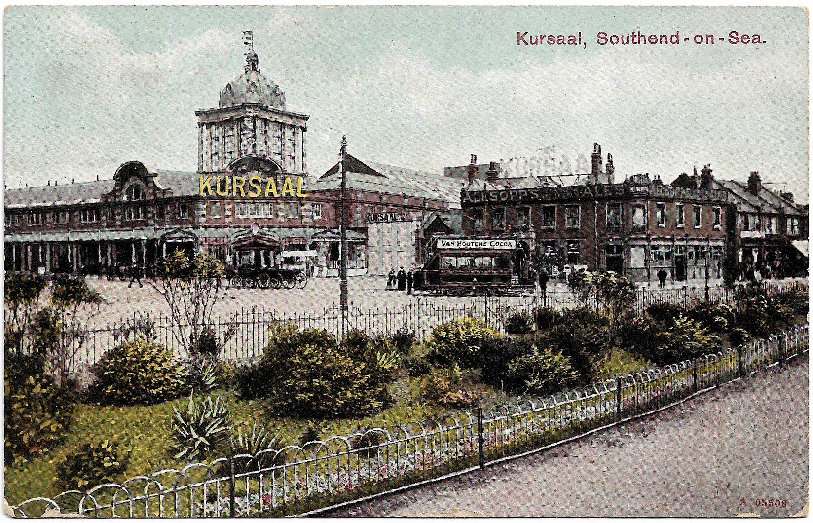Postcard September 1918 showing Southend seafront, with horse drawn charabanc and on the right outside what used to be the Minerva pub is a Southend Corp Tramways electric tram. Thanks to Fred McLean, his 2nd great-grandfather ran the pub in the 1880s. (c) Frederick McLean
